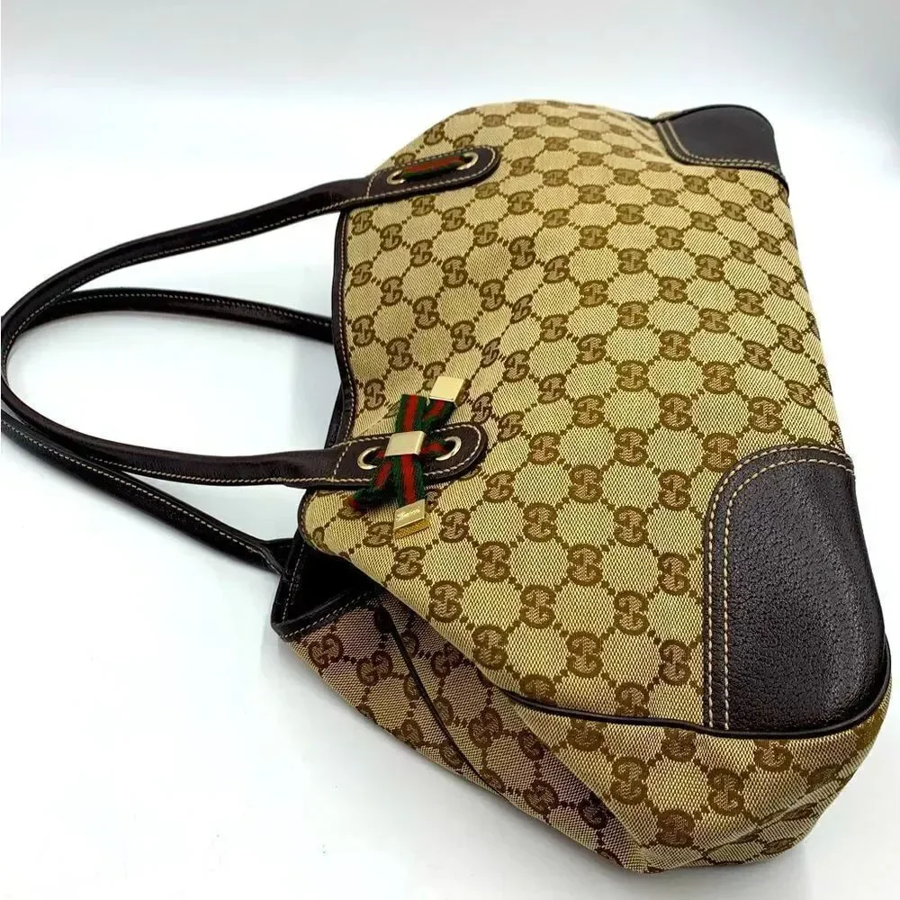 Auth GUCCI GG Monogram Tan Brown Canvas Leather Princey Shoulder 2way Handbag